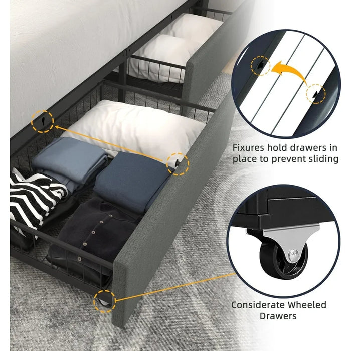 Queen-size Bed Platform with 4 Storage Drawers, Adjustable Leather Headboard, No Need for A Box Spring