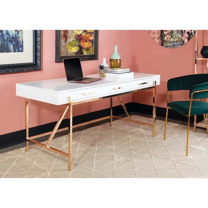 Broadway Modern Executive Desk with 3 Drawers and Charging Station, White Gloss Finish and Gold Frame