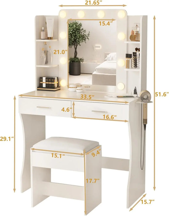 Vanity Desk with Lights,Makeup Vanity with Power Strip,Dressing Table Set with 2 Large Drawers,Vanity Mirror 3 Lighting Color Ad