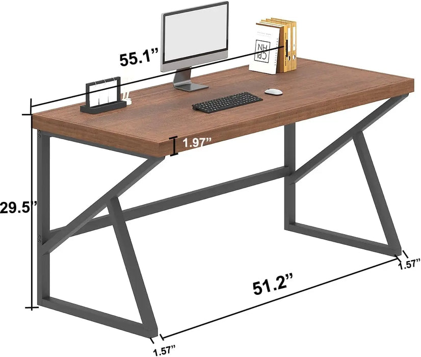 IBF Solid Wood Computer Desk, Natural Real Wooden and Metal Home Office Desk, Farmhouse Industrial Modern Executive Desk Worksta