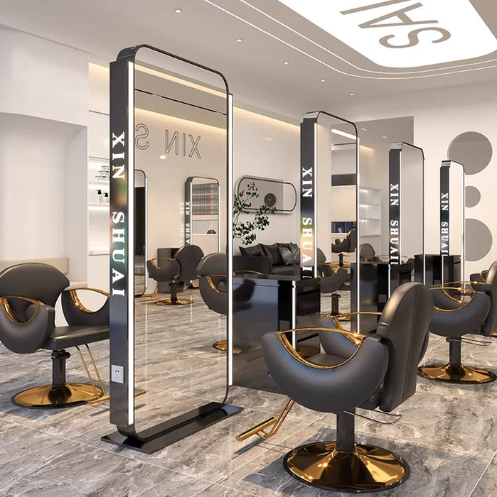 High end hair salon mirror table, hair cutting mirror, full body illuminated, double-sided floor mirror
