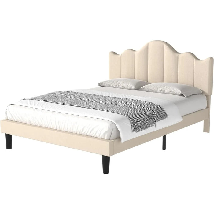 Upholstered platform bed frame with adjustable headboard, plank support, noiseless, no box spring, easy assembly