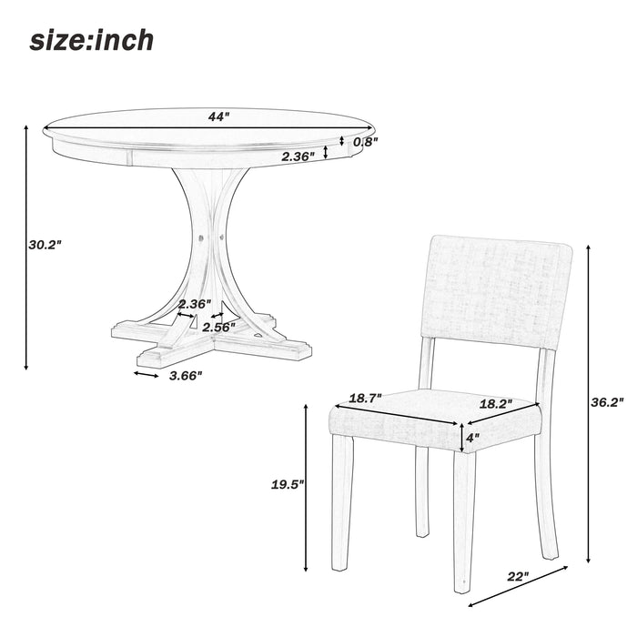 5-Piece Retro Round Dining Table Set with Curved Trestle Style Table Legs and 4 Upholstered Chairs for Dining Room