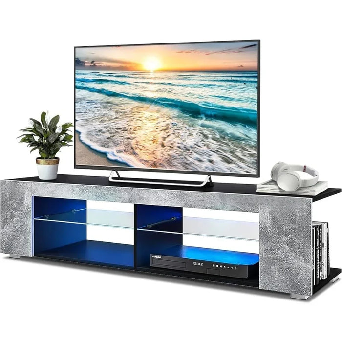 TV Stands With LED Lights Small TV Console Media Table With Glass Shelves and Hidden Side Bookshelf for Living Room Stand