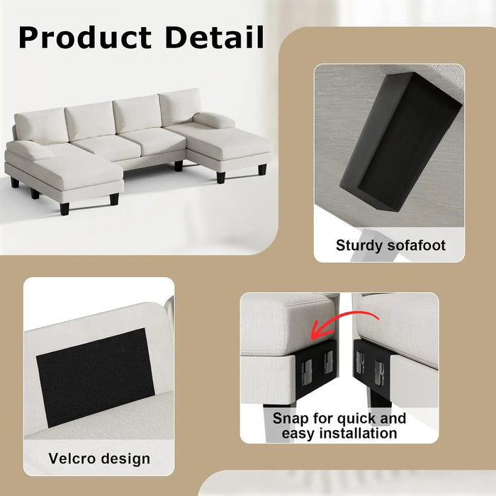 Living Room with Throw Pillows, U-Shaped Modern Minimalist Fabric Modular Sofa with Double Chaise & Memory Foam (White)