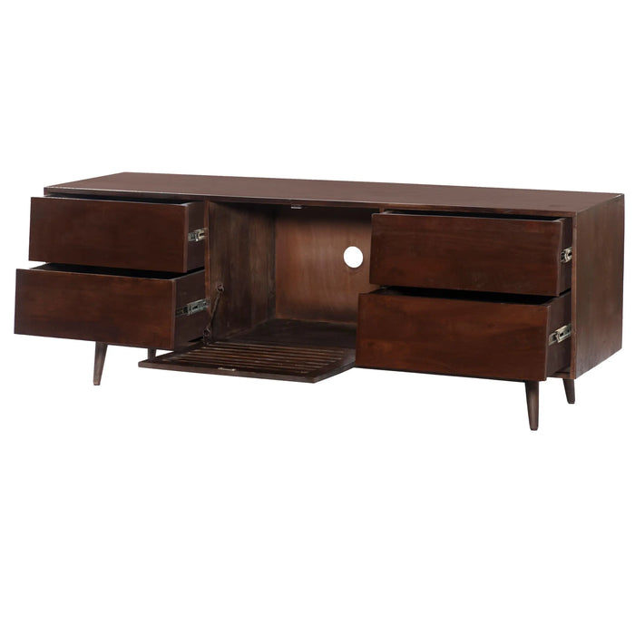 64 Inch TV Cabinet with 4 Drawers and Wooden Frame, Walnut Brown On-Site