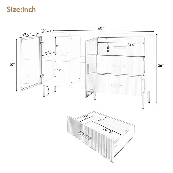 Modern Sideboard MDF Buffet Cabinet Marble Sticker Tabletop and Tempered Glass Doors with Gold Metal Legs (Navy Blue)