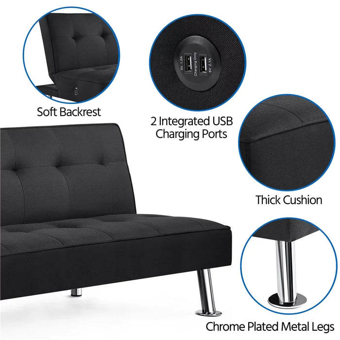 Modern Fabric Convertible Futon with USB, Durable and Strong，65.60 X 31.50 X 30.00 Inches
