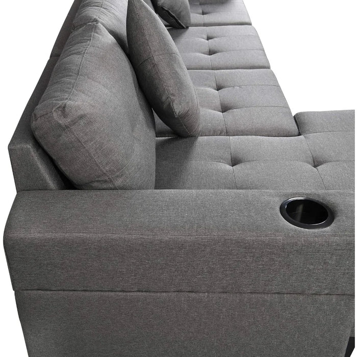 Modular Sofa Set with L-shaped Lounge Living Room, Cup Holder and Left-hand Chaise Longue Modern 4-seater, Grey