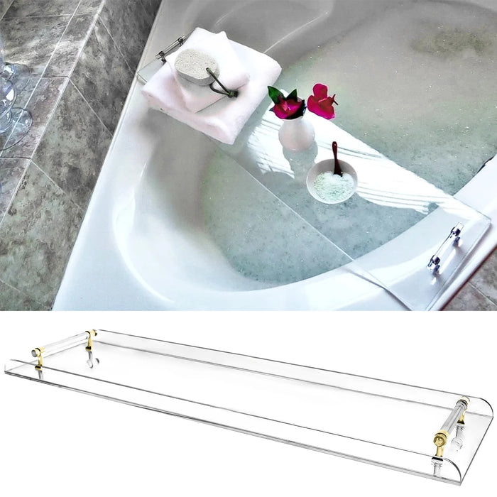Acrylic Bathtub Caddy Tray , Clear Bath Caddy Tray For Bathtub With Gold Handle For Bathroom
