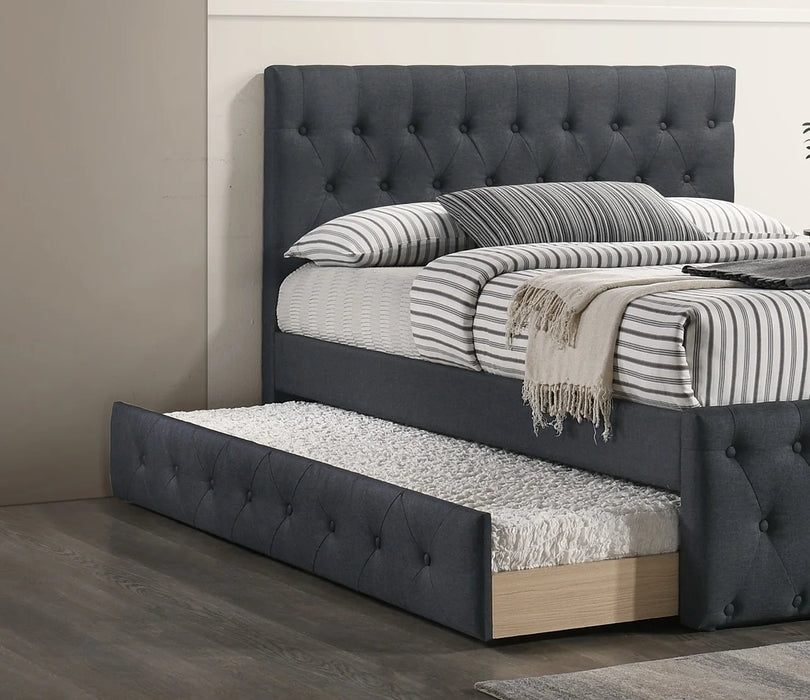 Contemporary Twin Size Bed w/ Trundle Slats Charcoal Burlap Upholstered Button Tufted Headboard Footboard Youth Bedroom Furnitur