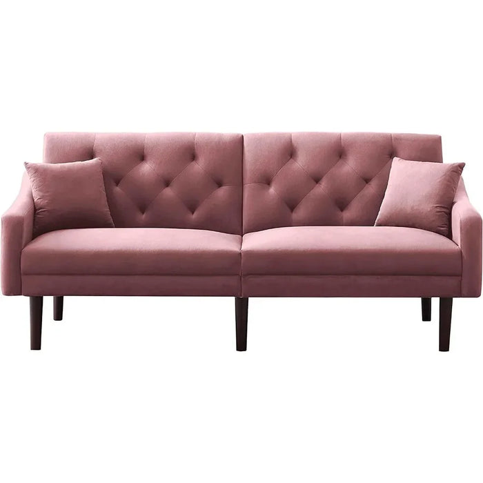 Convertible Sleeper Futon Sofa with 2 Pillows, Velvet Tufted Sofa with Metal Legs and Adjustable Backrest
