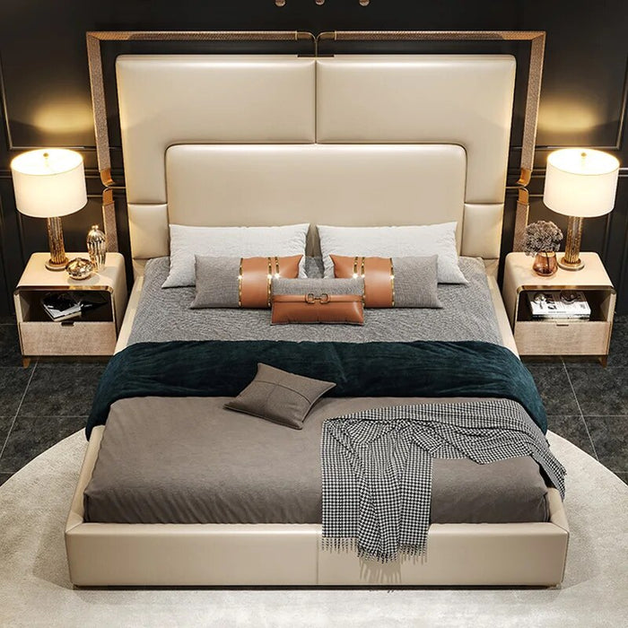 Light Luxury Leather Bed Master Bedroom Modern Simple 1.5M / 1.8M Double Bed High-End Villa Napa Head Layer Leather Wedding Bed