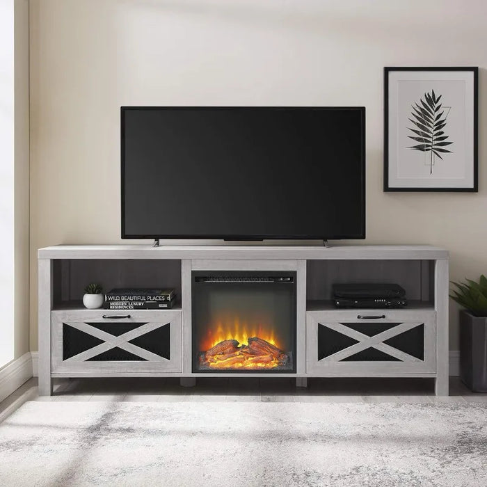 Walker Edison Calgary Industrial Farmhouse X-Drawer Metal Mesh and Wood Fireplace TV Stand for TVs up to 80 Inches, 70 Inch