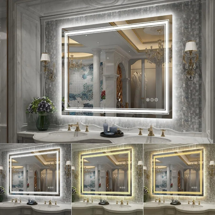 Bathroom Mirror, Wall Illuminated Makeup Mirror, Dimmable, Shatterproof, Anti Fog, Headlight+backlight Bathroom Mirror