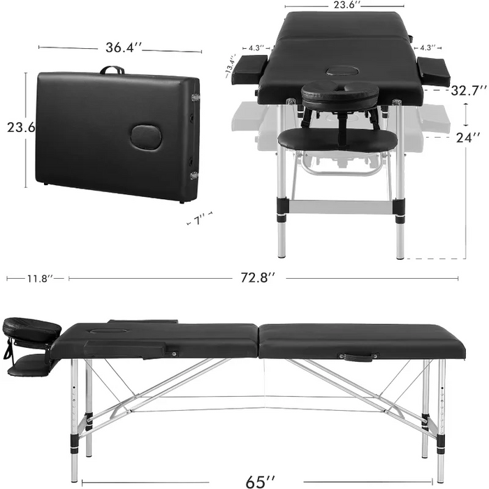 Prilinex Portable Folding Massage Table, 2 Sections Reclining Spa Bed, Aluminum Legs, with Carrying Bag, Face Cradle & Armrest -
