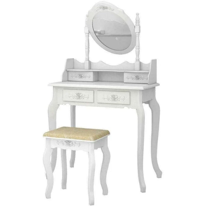 White Vanity Jewelry Makeup Dressing Table Set W/Stool 4 Drawer Mirror Wood Desk,Dressers for  Bedroom Furniture