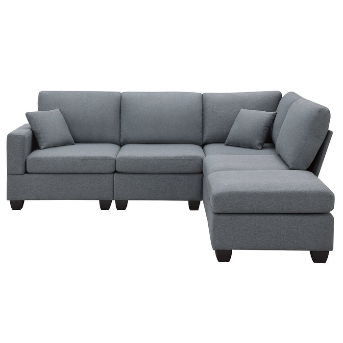 Modern Sectional Sofa,5-Seat Modular Couch Set with Convertible Ottoman,L-Shape Linen Fabric Corner Couch Set with 2 Pillows