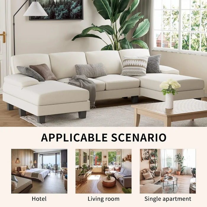 Convertible Modular Sofa, Combination 4-seater Sofa Bed, Double Chaise Longue, Modern Fabric U-shaped Living Room Furniture Set