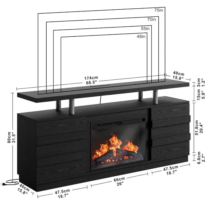Charging Station & LED Light, Accommodates 55/65/75 inch TV, 68" Wood Entertainment Center for Living Room, Bedroom - Black