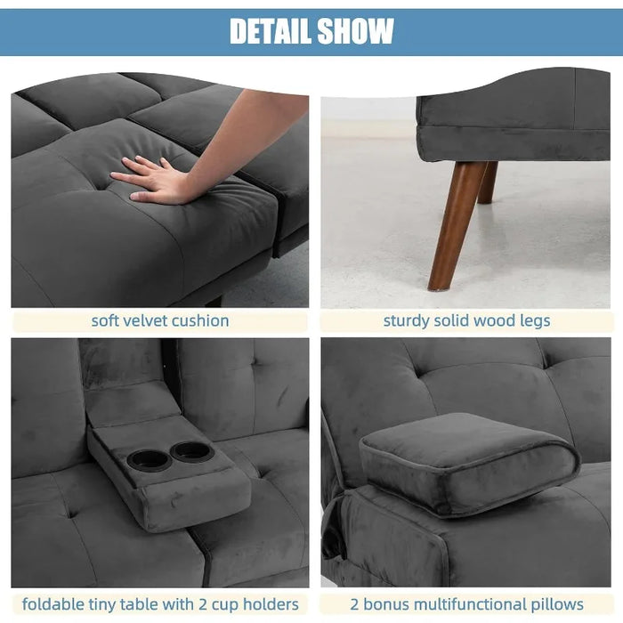 3 in 1 Convertible Sofa Bed Upholstered Small Folding Loveseat Couch w/Removable Armrest, Modern Futon Recliner Sleeper