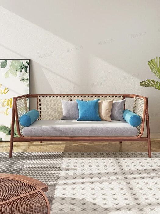 Simple and complete set of single person wooden sofa combination living room small leisure solid wood sofa rattan chair sofa