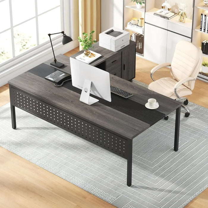 Large Executive Office Desk and 47" Lateral File Cabinet Combo,L-Shaped Desk 2 Piece Business Furniture with Drawers and Shelves
