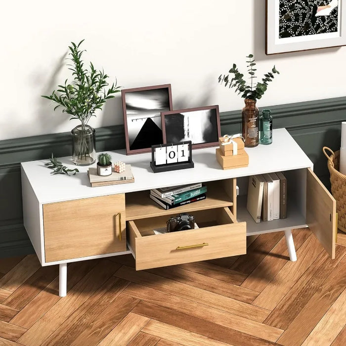 Modern TV Stand for TVs up to 55 inch, Entertainment Center with Storage Cabinet and Drawer, Bedroom TV Stand for Living Room