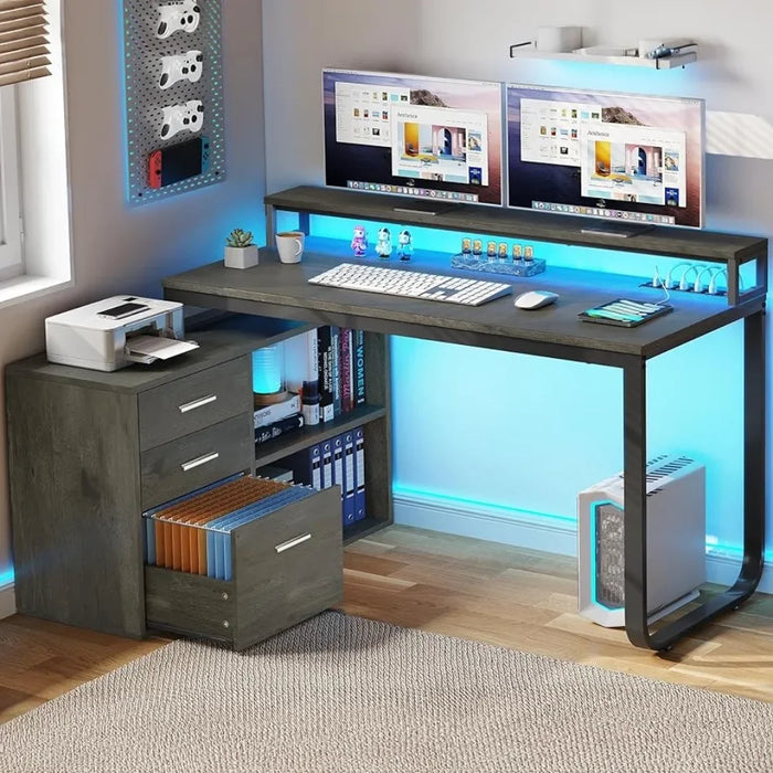 L-shaped Table with 3 Drawers, Corner Computer Desk with Power Socket and LED Light, Filing Cabinet with Home Office