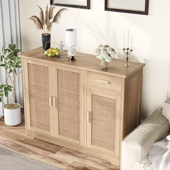 Irontar Kitchen Storage Cabinet, Sideboard Buffet Cabinet Rattan Decorated Doors, Farmhouse Console Table With Drawer