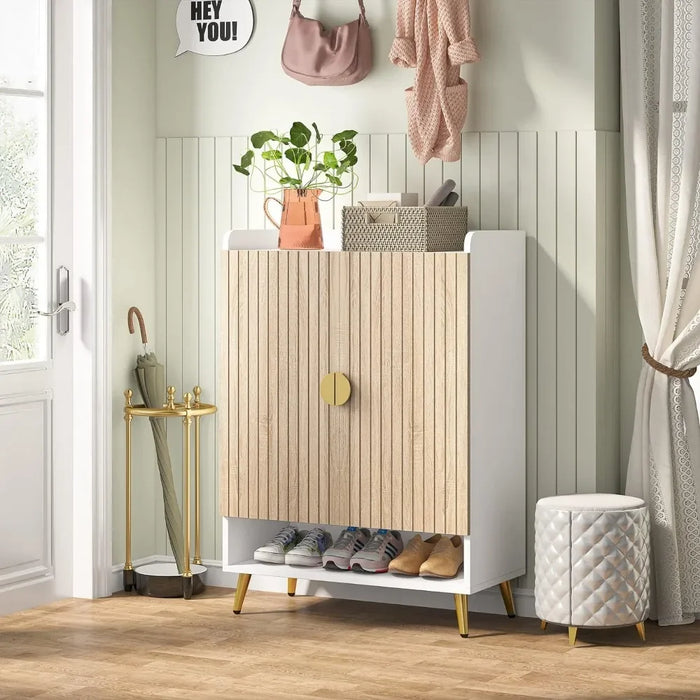 Shoe Storage Cabinet With Adjustable Shelves Closet Living Room Shoes Organizer Hallway Shoerack Furniture Wood and Gold