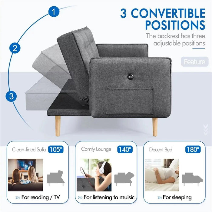 Alden Design Memory Foam Convertible Futon Sofa Bed with USB, Gray Living Room Furniture,  Couch, Sofa Bed