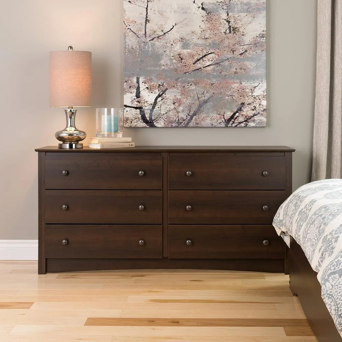 6-Drawer Wide Chest of Drawers Dresser for Bedroom Set 59”W X 16“D X 29”H Home Furniture Makeup Dressing Table With Mirror Desk