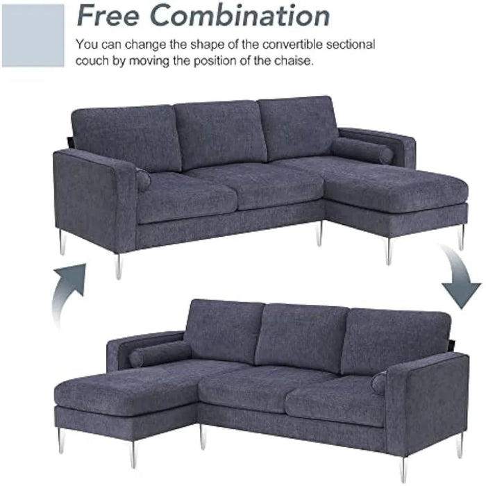 L-shaped sofa 3 seats, 86" convertible with two round pillows, sponge filled, chenille fabric living room, modern sectional sofa