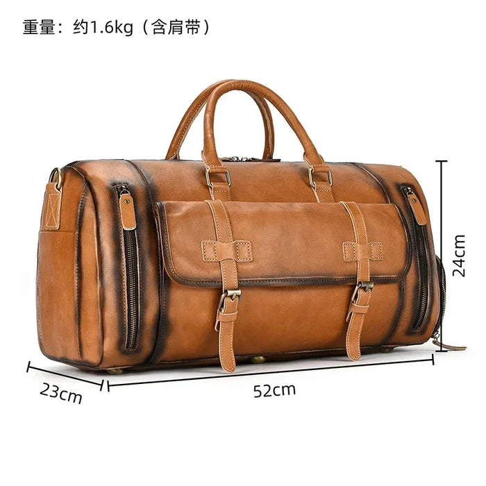 Vintage genuine leather travel bag for men's fashionable travel luggage bag with shoe compartment and large capacity fitness bag