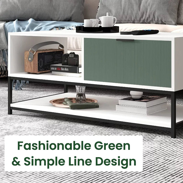 NexHome Modern Wooden 1 Drawer Rectangle Coffee Table, White/Green living room furniture side table