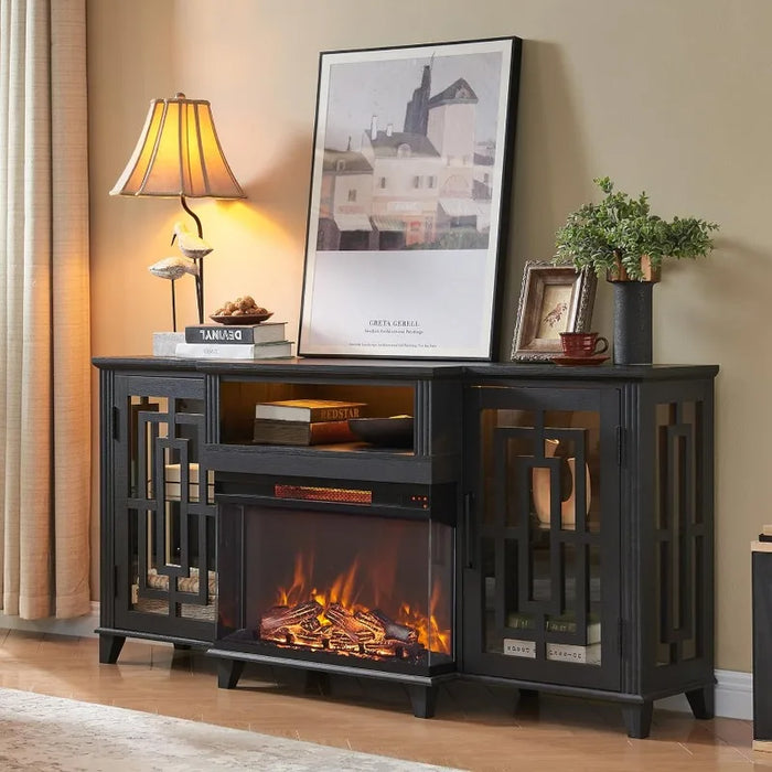 3-Sided Glass Fireplace TV Stand for 75 Inch TV w/LED Light, Farmhouse Highboy Entertainment Center with 26in Electric Fireplace