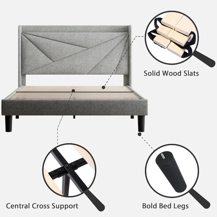 Upholstery with Type-C and USB Ports, Headboard with Wingback Storage, Noiseless, No Springs, Light Grey