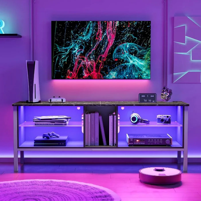 Bestier TV Stand for 70 inch TV, Modern Marble Gaming Entertainment Center with LED Lights, Wood TV Stand with