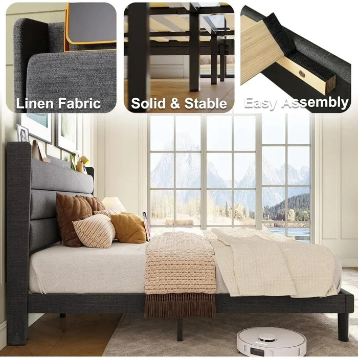 Bedroom bed frame, queen size bed frame, sturdy and stable, noiseless,springless,storage headboard with socket,bedroom bed frame