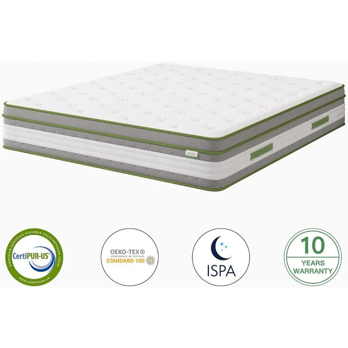 King Mattress, 12 Inch Hybrid Pillow Top King Size Mattress in a Box with Gel Memory Foam & Individually