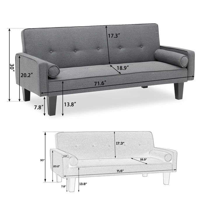 72" Futon Sofa Bed,Upholstered Folding Futon Fabric Couch,Recliner Twin Size Futon Bed Removable Armrests,Modern Sofa for