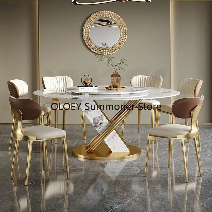 Stainless Steel Round Table With 360°Rotating Smooth Turntable Designer Rock Slab Kitchen Table Chair Esstisch Dining Furniture