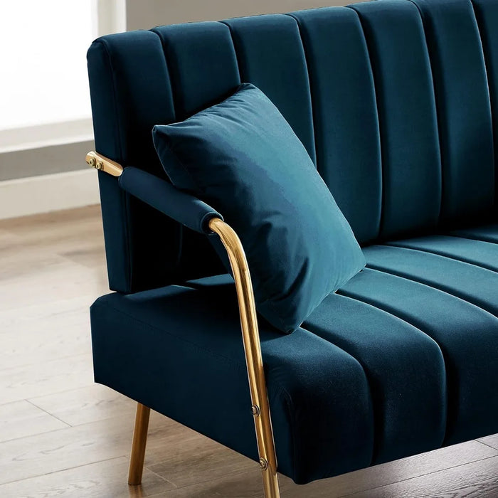 Velvet upholstered two-seater sofa tufted futon sofa with metal legs, throw pillows and cashmere fabric upholstery 2-seater sofa