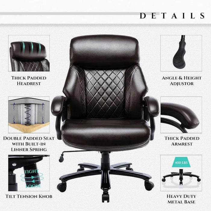 Big and Tall Office Chair 400lbs-Heavy Duty Executive Desk Chair  Extra Wide Seat, High Back Ergonomic Leather Computer Chair