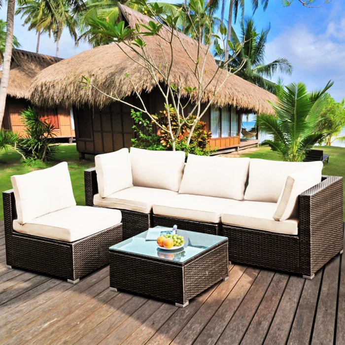 5 Pieces Cushioned Patio Rattan Furniture Set with Glass Table Garden Outdoor Table and Chairs Set