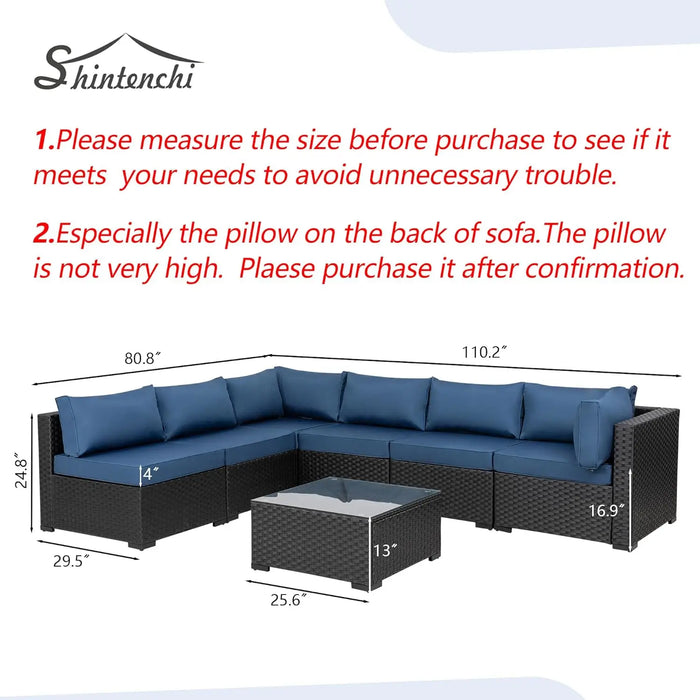 Shintenchi 7 Pieces Outdoor Patio Sectional Sofa Couch, Black Wicker Furniture Conversation Sets with Washable Cushions