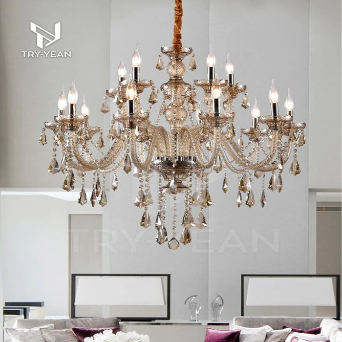 TRY-YEAN Luxurious 15 Lights Chandeliers Cognac Crystal Chandelier Adjustable Hanging Ceiling Pendant Light Vintage Lighting
