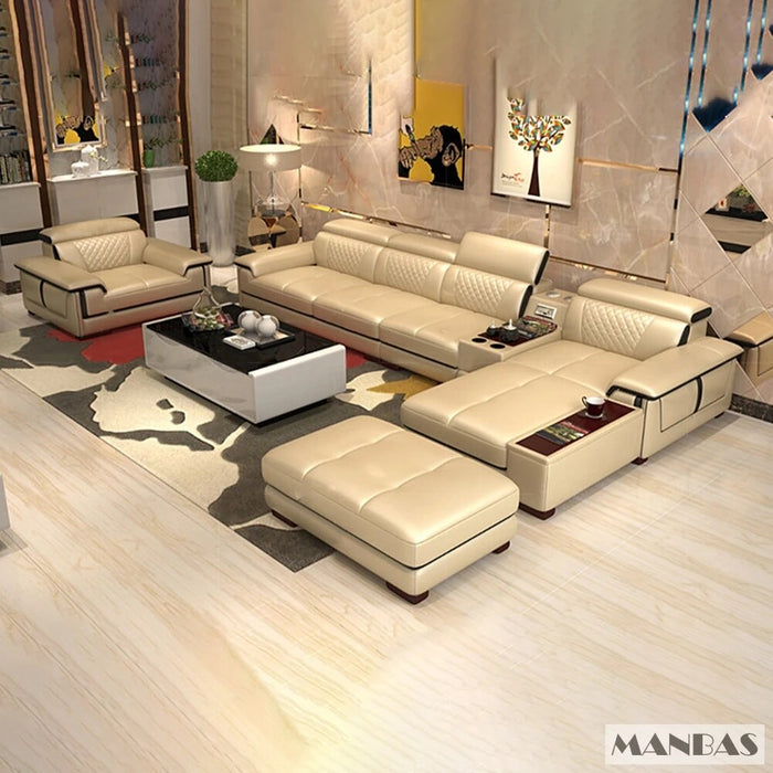MANBAS Italian Genuine Leather Sectional Sofa Set with Cup Holder, Adjustable Headrests & Bluetooth Speaker Living Room Couch