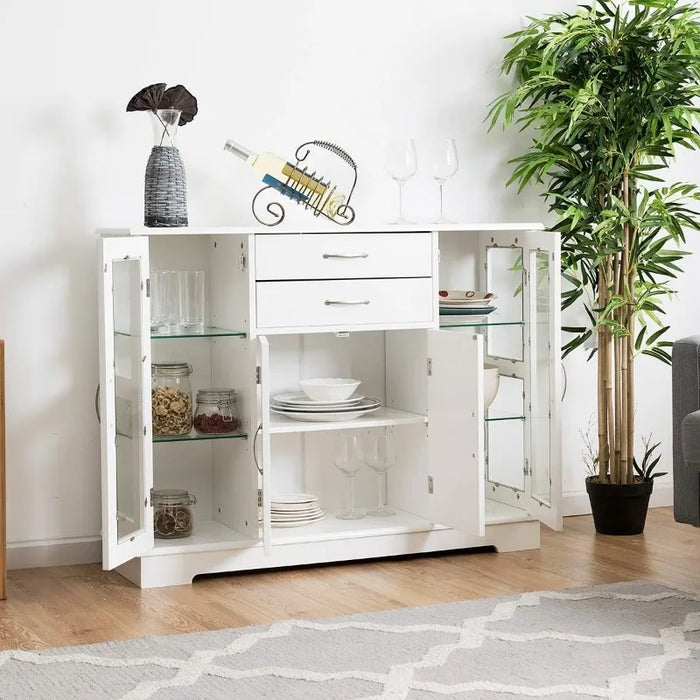 Sideboard Buffet Server Storage Cabinet W/ 2 Drawers, 3 Cabinets and Glass Doors for Kitchen Dining Room Furniture Cupboard